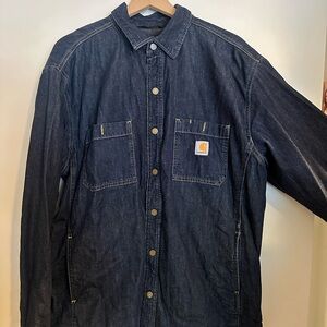 Carhartt Navy Denim Work Pocket Jacket with Gold Logo Patch